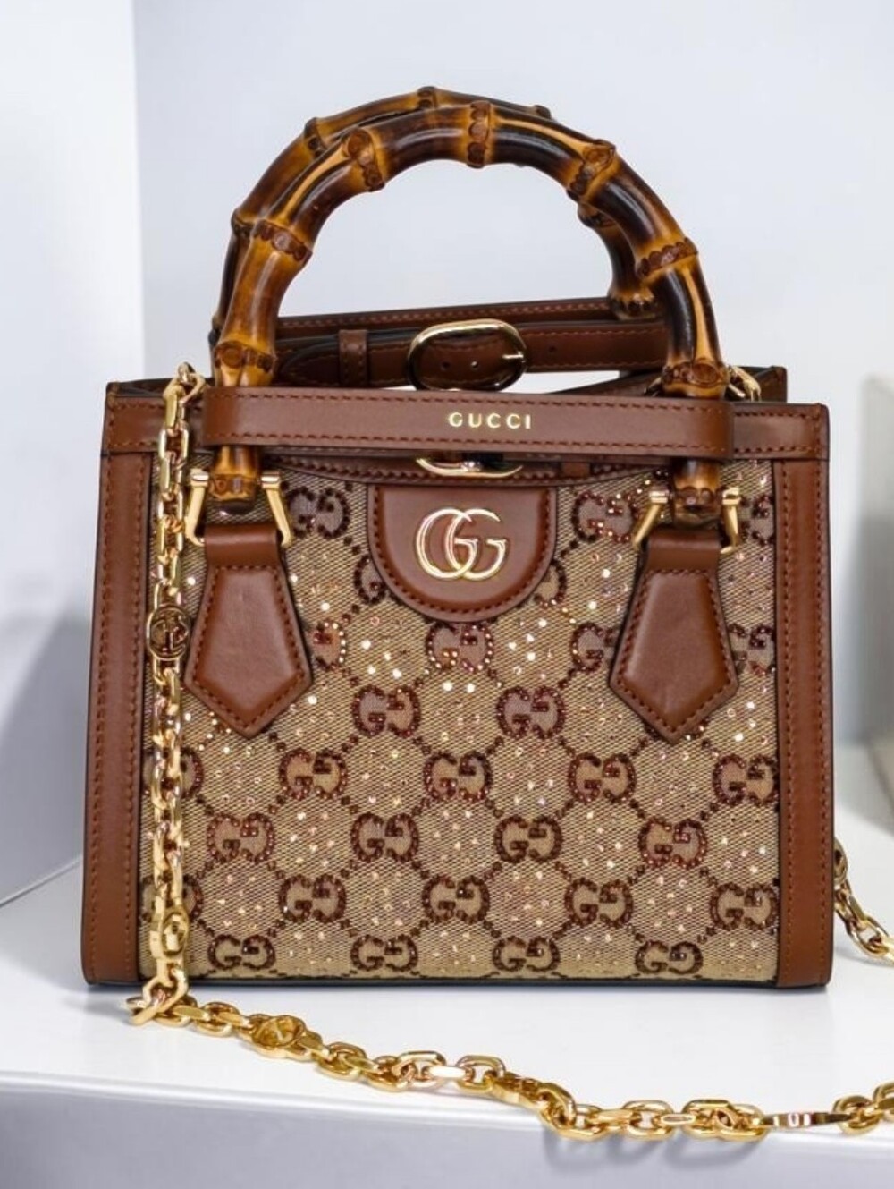 Gucci Diana crystals small tote Bamboo Top Handle Shoulder Bag with Gold Chain
